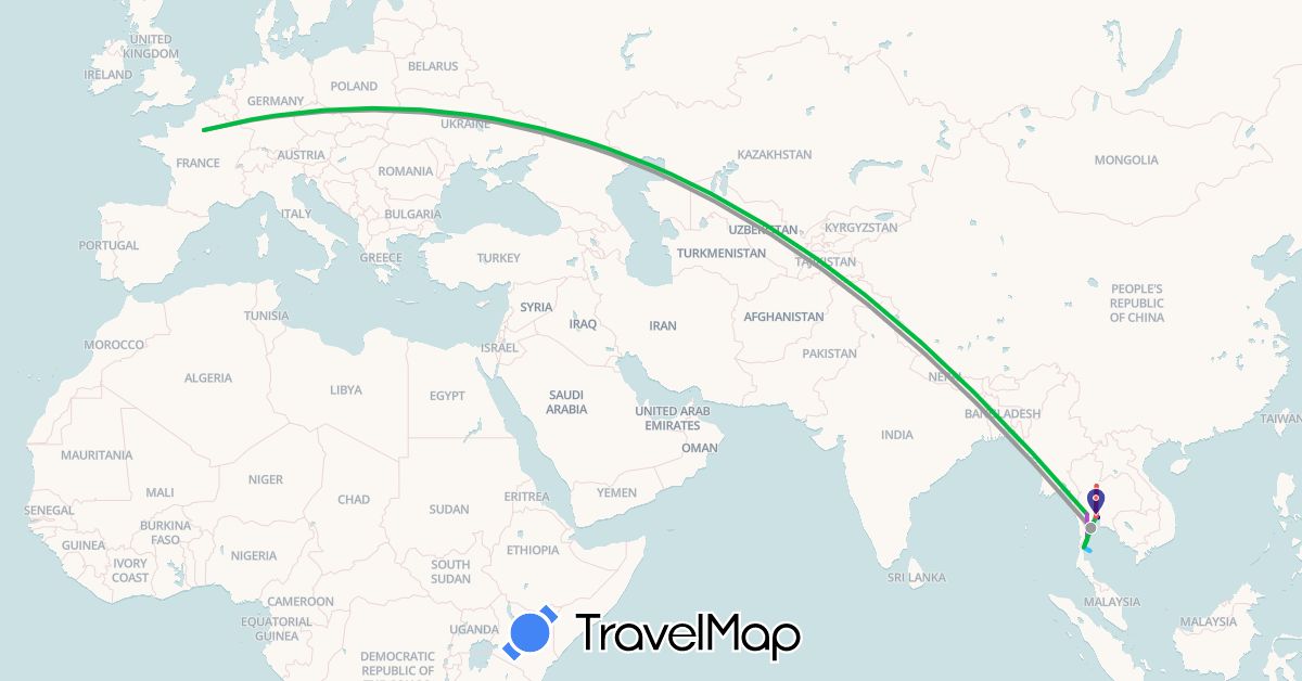 TravelMap itinerary: driving, bus, plane, train, hiking, boat in France, Thailand (Asia, Europe)
